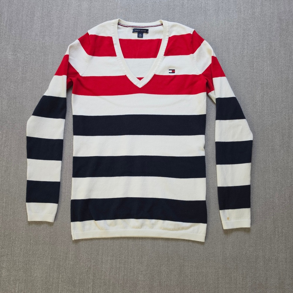 Tommy Hilfiger Sweater Women XS Red White Blue Striped V-Neck Logo Knit